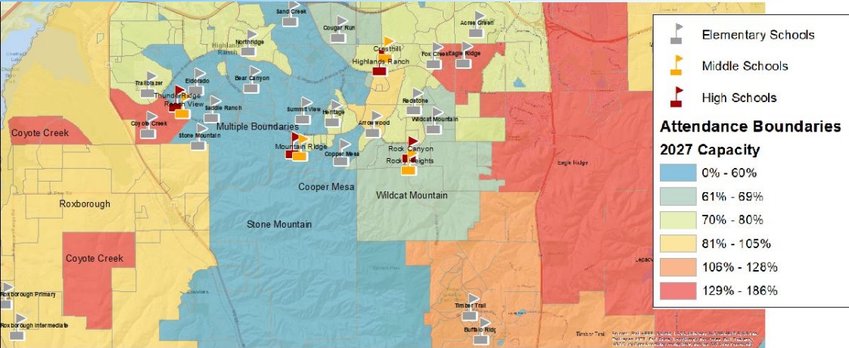 A map of Douglas County School District's north planning area shows where schools are located, as well as capacity levels based on student demand predictions. With declining enrollment in Highlands Ranch, the district is creating a plan to combine elementary schools in the area.